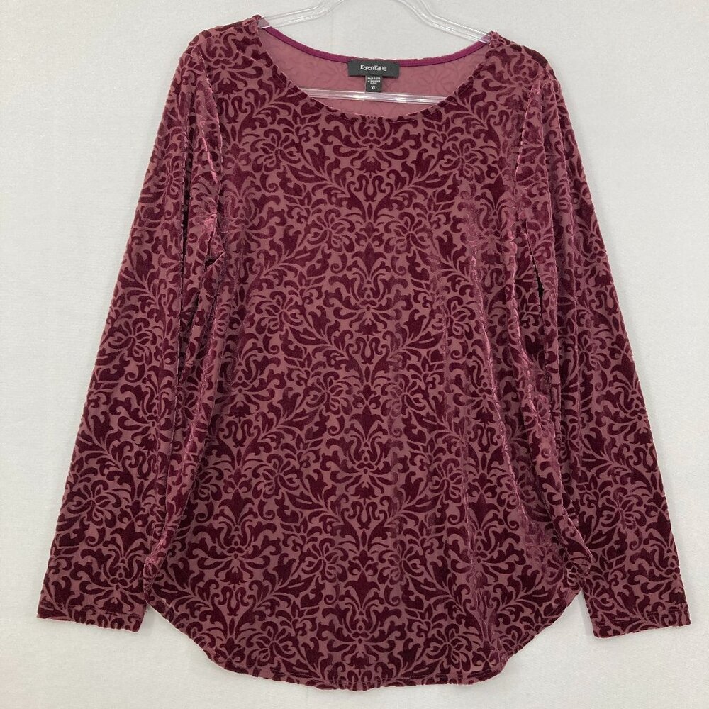 Karen Kane size XL Purple Burgundy Velvet Burnt-out Stretch Long Sleeve Blouse